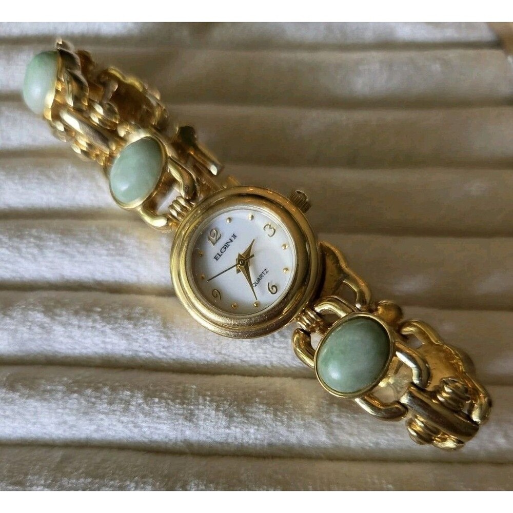 Elgin II Women EL1203ST MOP Green Jade Color Gold Tone Quartz 21mm Watch 7"